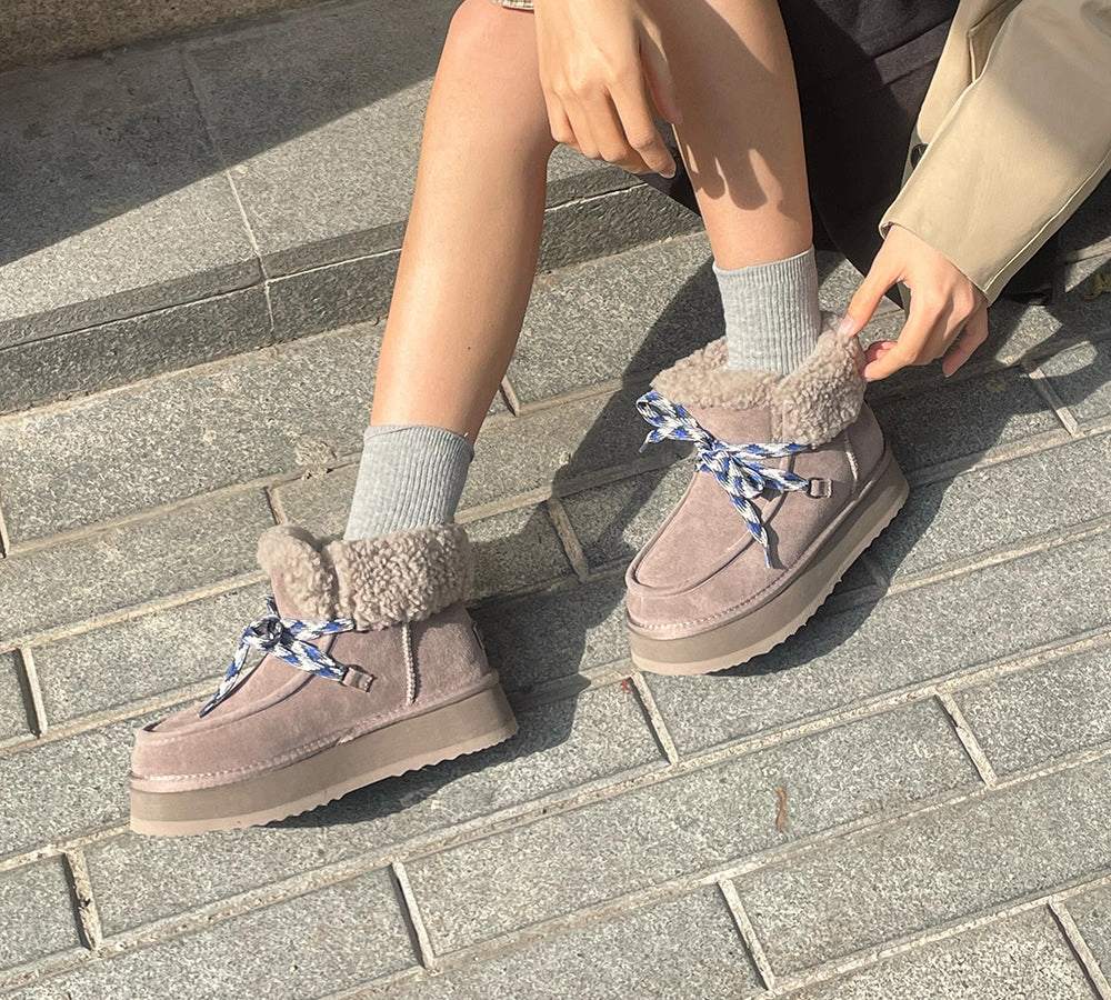 UGG EVERAU UGG Boots Women Sheepskin Wool Lace Up Ankle Platform Honour Tall Boots With Extra Wide Calf