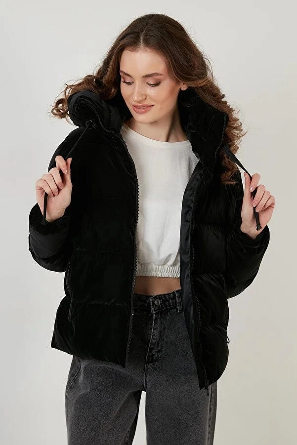 Faux Mink Coats Lela Women's Black Hooded Zippered Puffer Coat