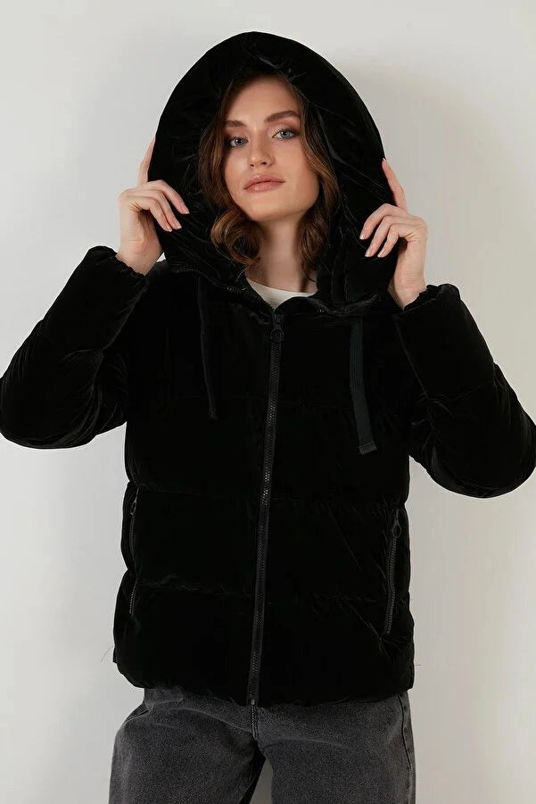 Lela Women's Black Hooded Zippered Puffer Coat Safety Work Coats