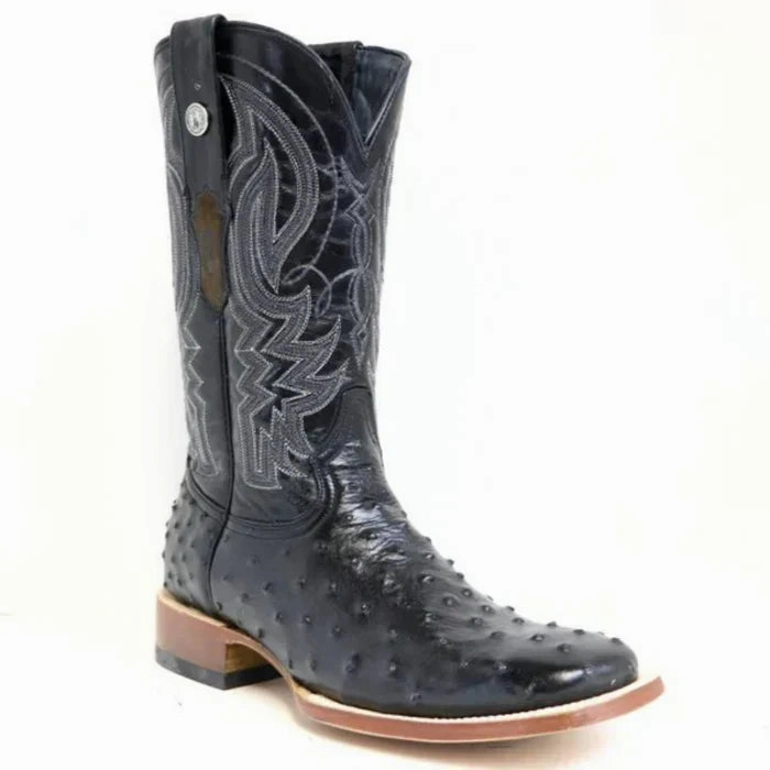 Men's Checotah Print Ostrich Square Toe Boots Black Western Boots Round Toe