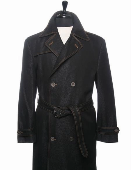 Snap Front House Coats Men's Dress Coat Denim Trench Coat In Black