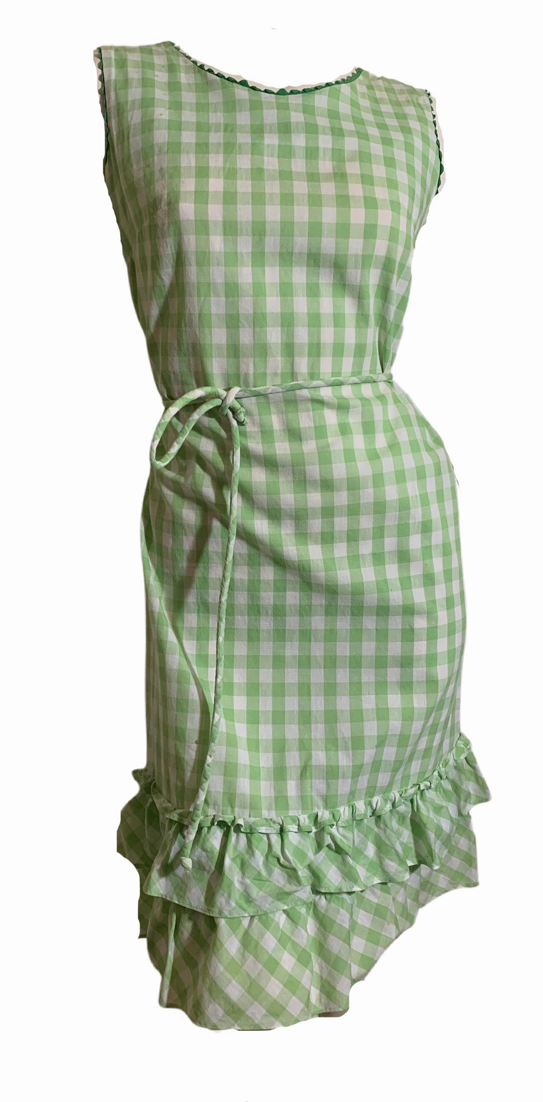 Lime Green Gingham Cotton Shift Dress circa 1960s Heart Lace Mini Dress