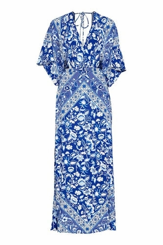 Tulip Satin Maxi Dress Lolita Bohemian Maxi Dress Flutter Kimono Sleeves In  Bluebelle Blue Floral Long Slits Cutout Sides Backless Available In Sizes Small Medium Or Large
