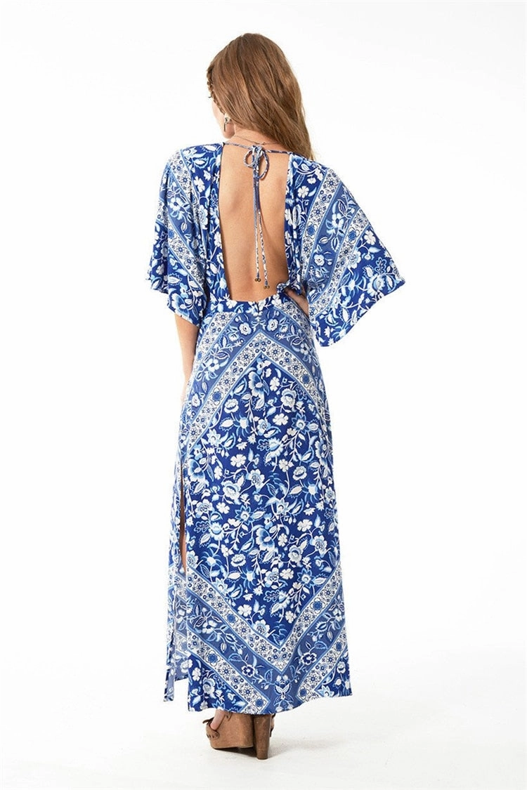 Lolita Bohemian Maxi Dress Flutter Kimono Sleeves In  Bluebelle Blue Floral Long Slits Cutout Sides Backless Available In Sizes Small Medium Or Large Knotted Halter Maxi Dress