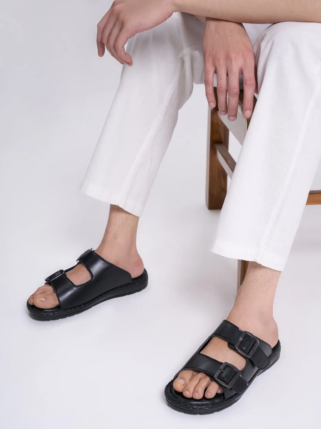 Men Brown Open Toe Broad Feet Double Adjustable Strap Ethnic Kurta Slip On Sandals|Anti-Skid Sole Slippers|Memory Cushion Insole Platform Chunky Sandals