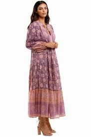 Boho Smocked Maxi Dress Love Story Maxi Dress Lavender Pink Floral Bohemian Long Peasant Sleeve Gown Double Tie Front Flared Skirt Available In Small Medium Or Large