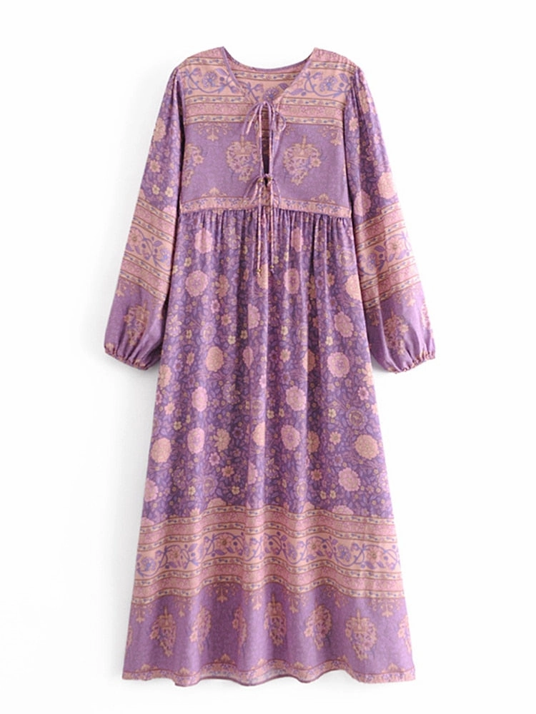 Loose Fitted Maxi Dress Love Story Maxi Dress Lavender Pink Floral Bohemian Long Peasant Sleeve Gown Double Tie Front Flared Skirt Available In Small Medium Or Large