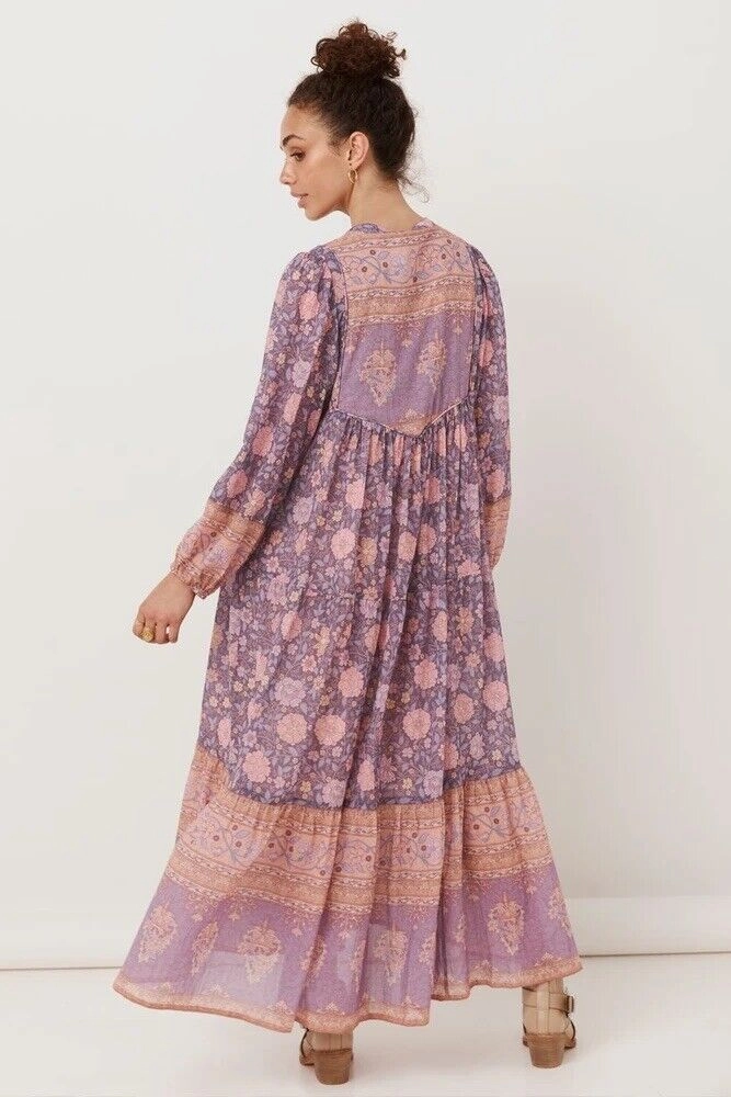Love Story Maxi Dress Lavender Pink Floral Bohemian Long Peasant Sleeve Gown Double Tie Front Flared Skirt Available In Small Medium Or Large Short-sleeved Maxi Dress