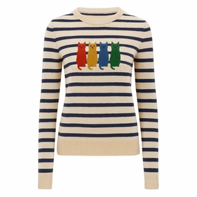 Women's striped vintage embroidered cat knitwear Knitwear Design Nift