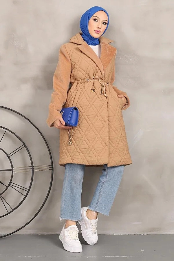 Big Kids Coats Imajbutik Women's Dark Camel Double Breasted Collar Quilted Coat