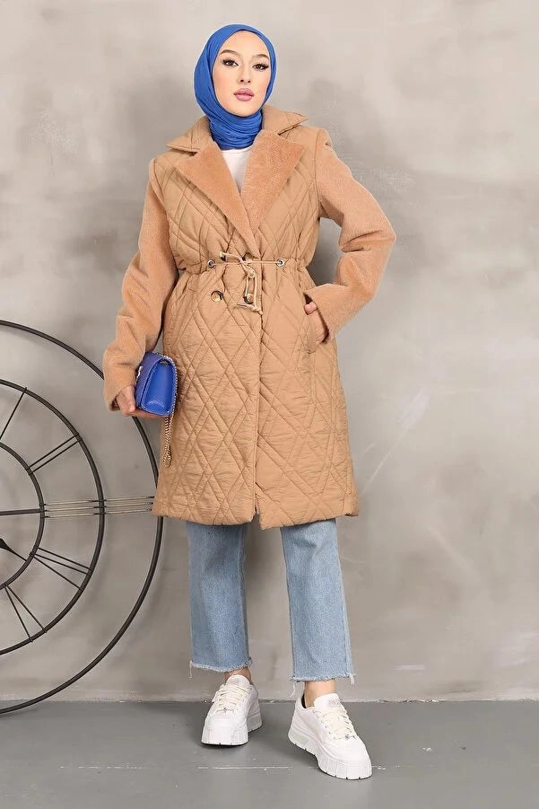 Imajbutik Women's Dark Camel Double Breasted Collar Quilted Coat Tailored Winter Coats