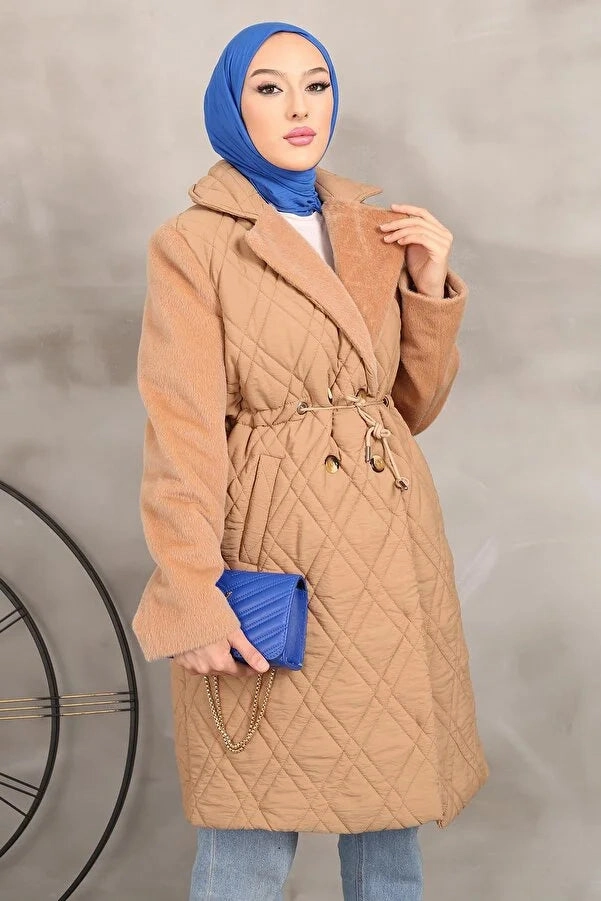 Construction Safety Coats Imajbutik Women's Dark Camel Double Breasted Collar Quilted Coat