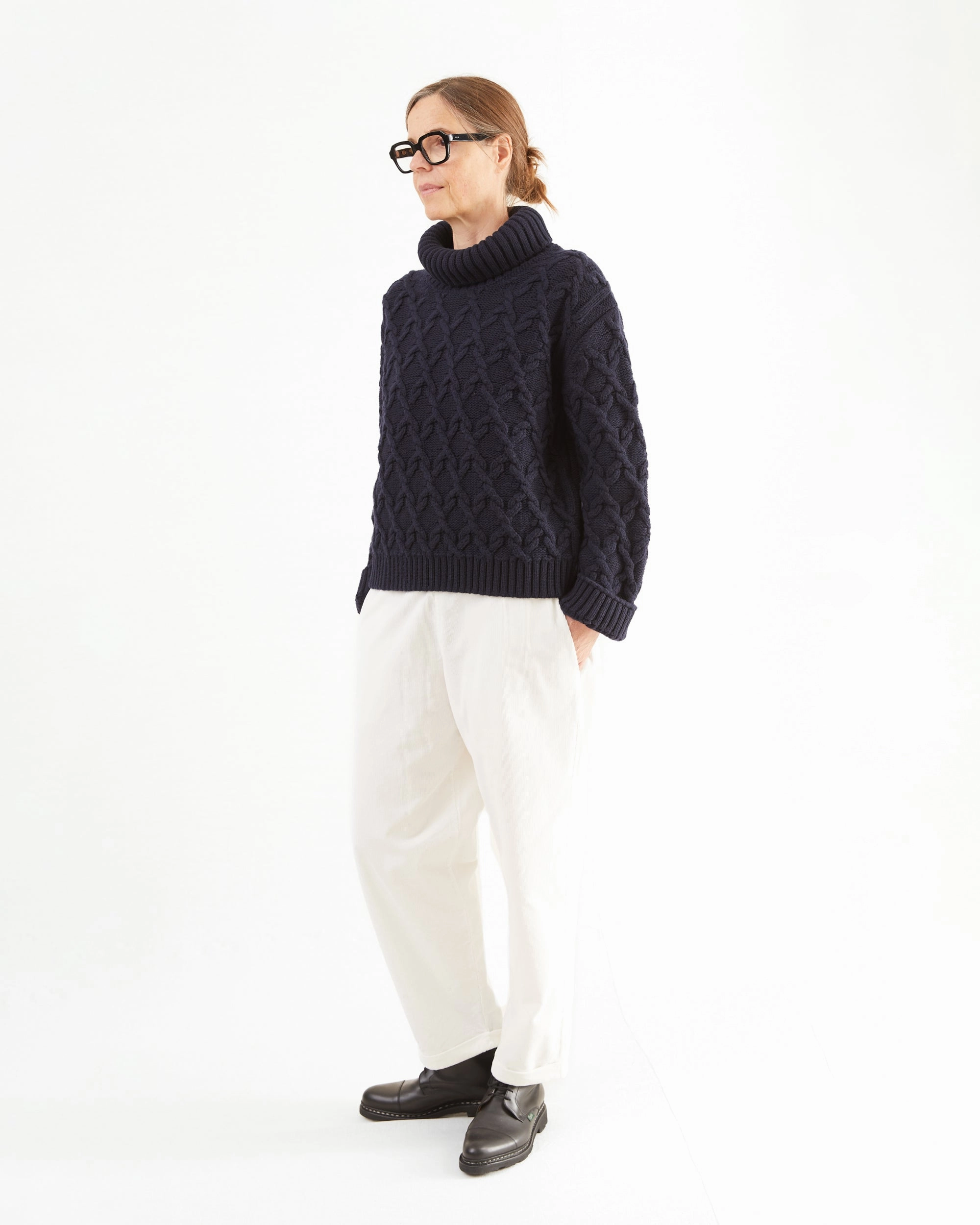 Evisu Knitwear McGeorge Womens Cable Knit Turtleneck in Navy