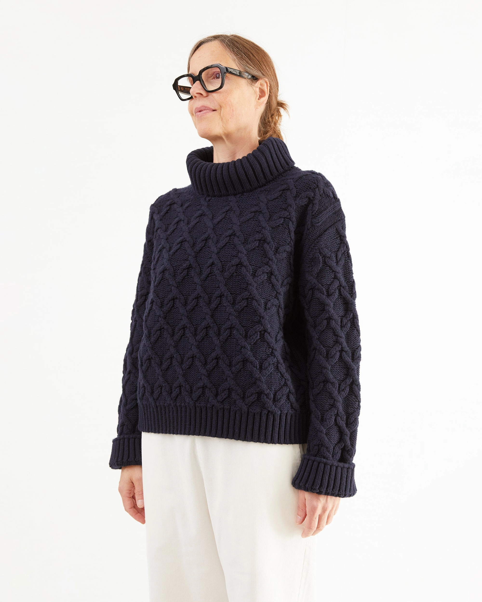 McGeorge Womens Cable Knit Turtleneck in Navy Schott Knitwear