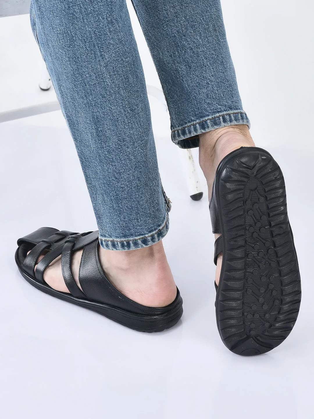 Kohl's Sandals Men Black Genuine Leather Criss Cross Strap Back Open Slip On Closed Toe Dress Sandals