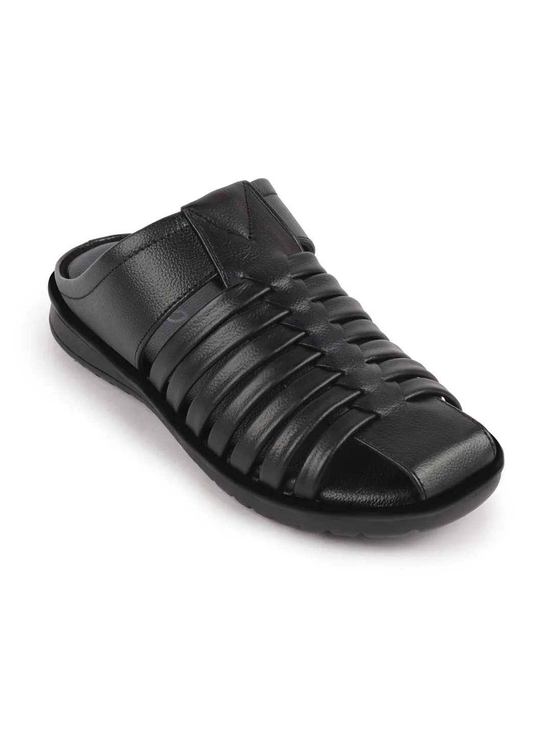 Men Black Genuine Leather Criss Cross Strap Back Open Slip On Closed Toe Dress Sandals Comfortable Sandals For Wedding