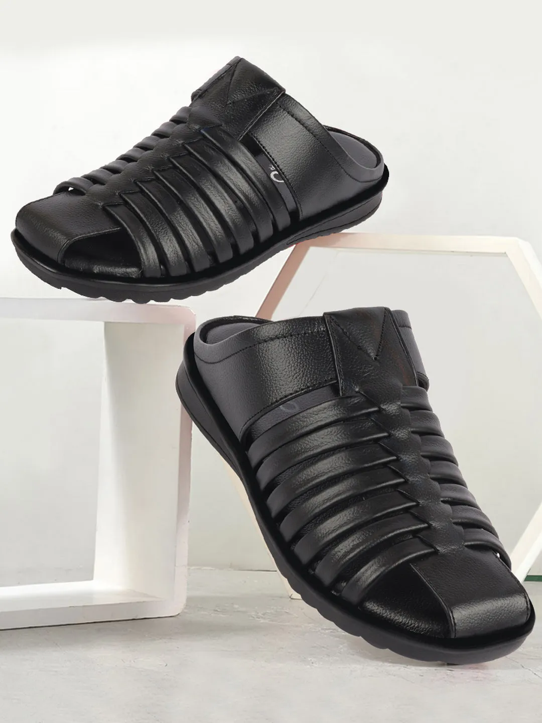 Men Black Genuine Leather Criss Cross Strap Back Open Slip On Closed Toe Dress Sandals Wedge Sandals For Walking