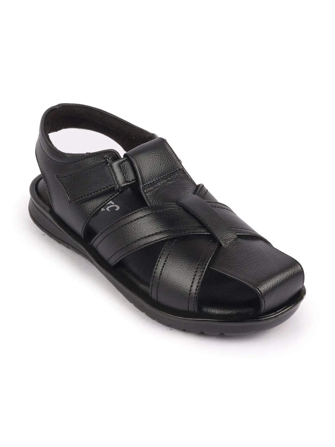 Akira Sandals Men Black Genuine Leather Hook & Loop Closed Toe Fisherman Roman Sandals