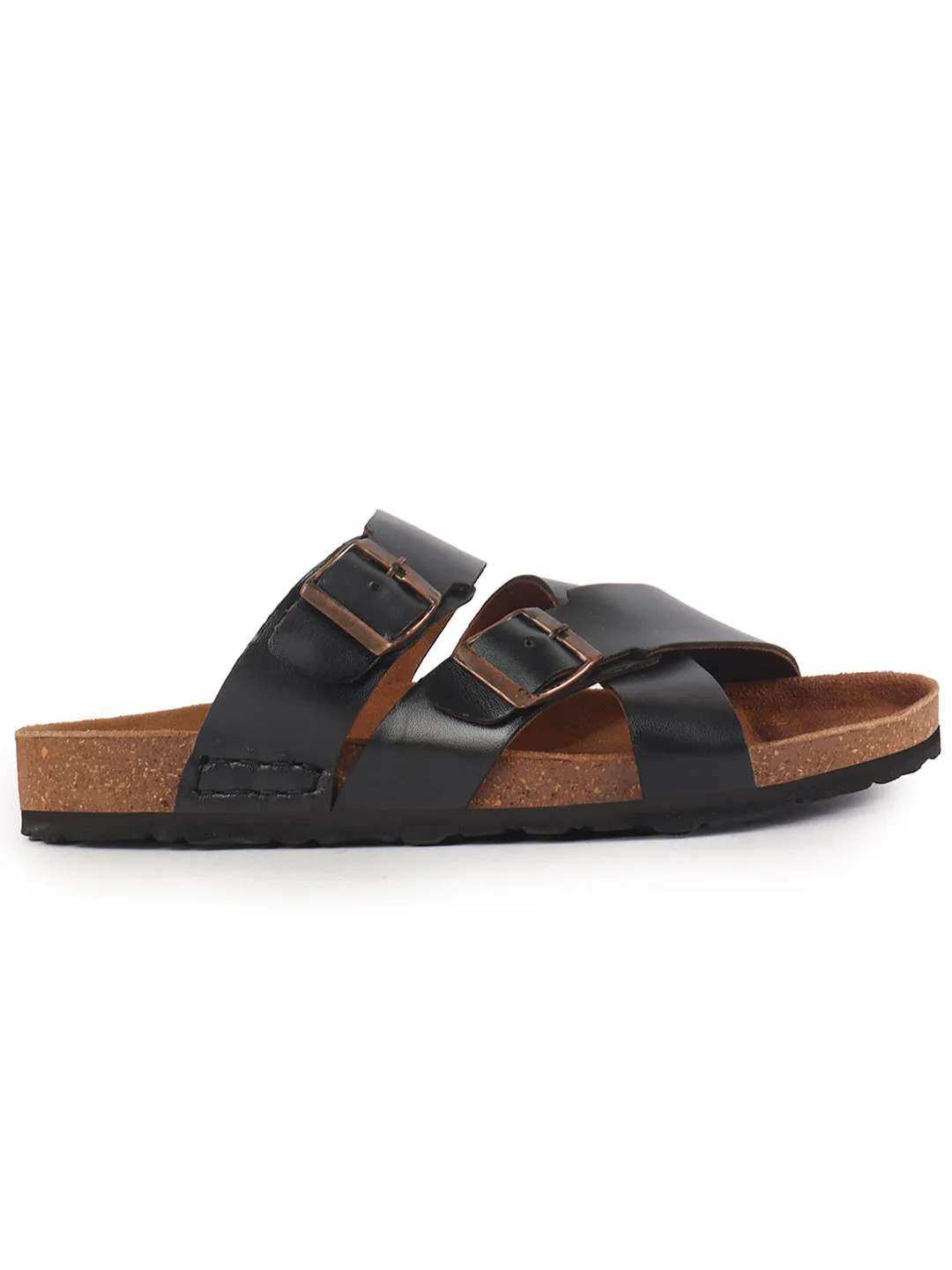 Men Black Genuine Leather Open Toe Multi Adjustable Strap Ethnic Kurta Slip On Sandals|Anti-Skid Sole Slippers|Cork Latex Suede Footbed Sonoma Sandals