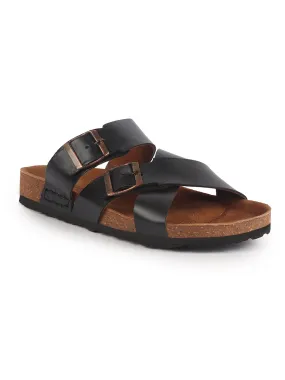 Men Black Genuine Leather Open Toe Multi Adjustable Strap Ethnic Kurta Slip On Sandals|Anti-Skid Sole Slippers|Cork Latex Suede Footbed Sandals With Gold