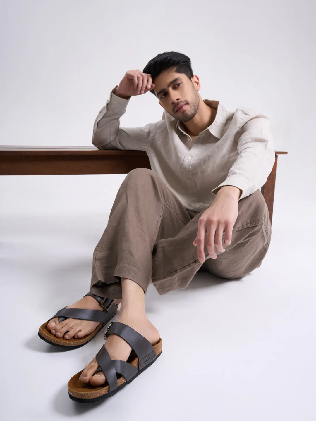 Men Black Genuine Leather Toe Ring Adjustable Strap Slip On Outdoor Slippers|Cork Latex Suede Footbed|Deep Heel Cup Insole Sandals Pic