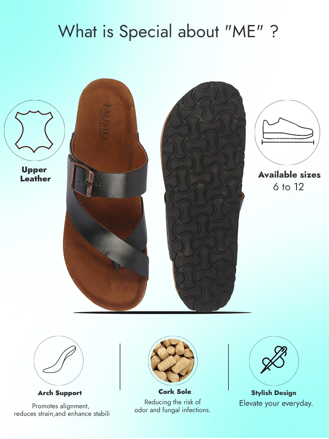 Under Armor Sandals Men Black Genuine Leather Toe Ring Adjustable Strap Slip On Outdoor Slippers|Cork Latex Suede Footbed|Deep Heel Cup Insole