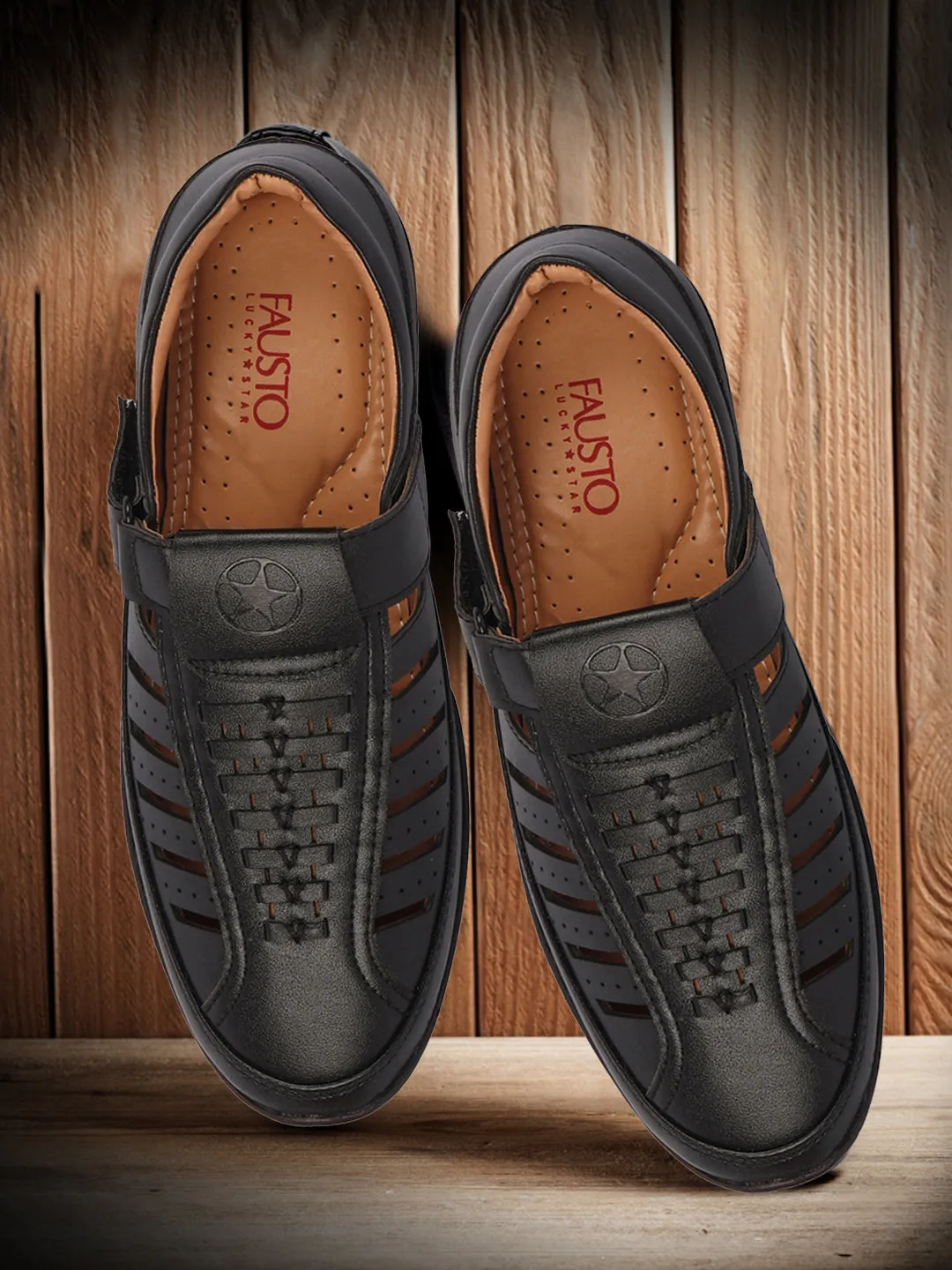 Men Black Laser Cut and Stitched Design Roman Sandal with Buckle Strap Sandals Popular