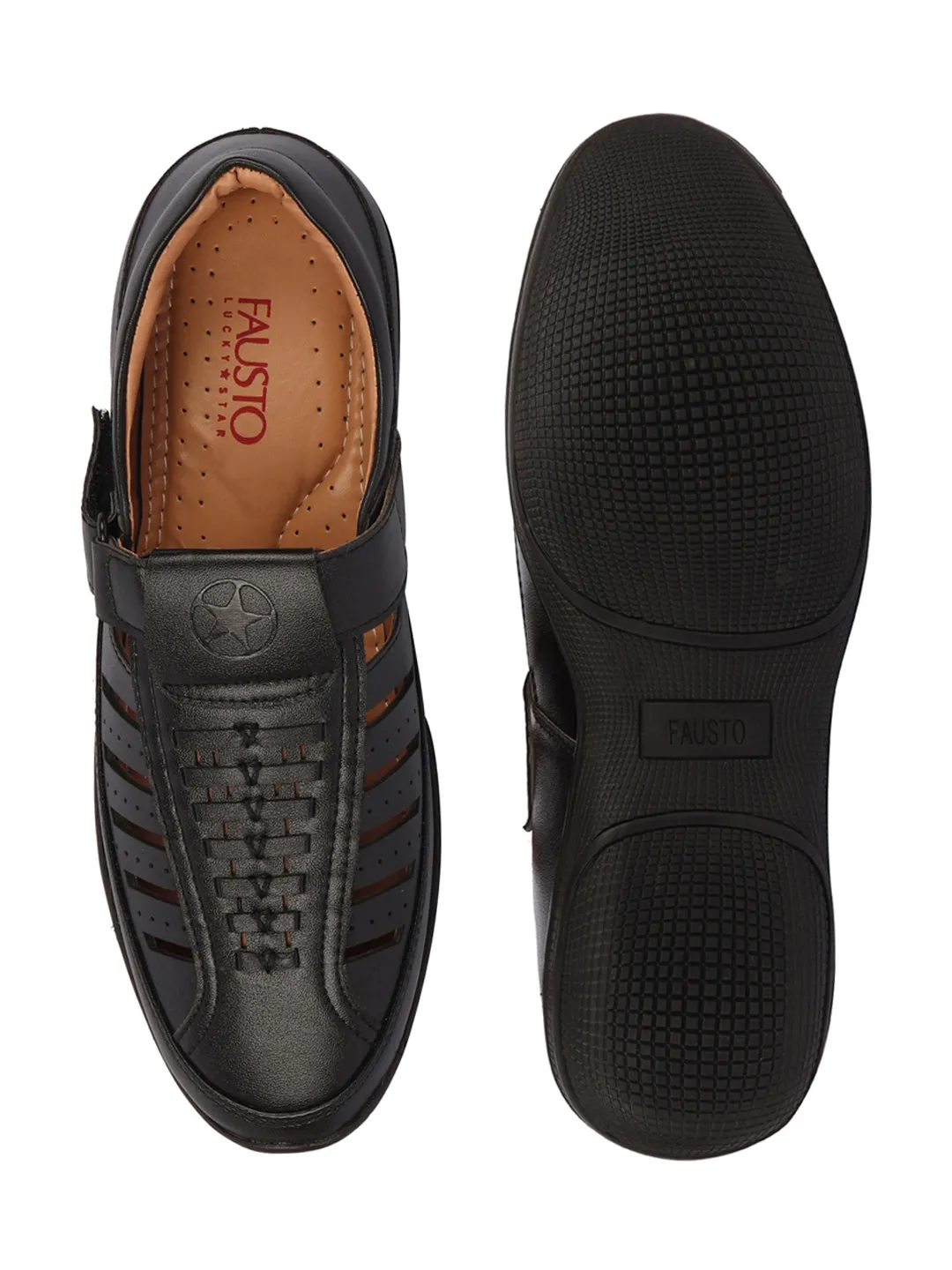 Sandals Wide Men Black Laser Cut and Stitched Design Roman Sandal with Buckle Strap