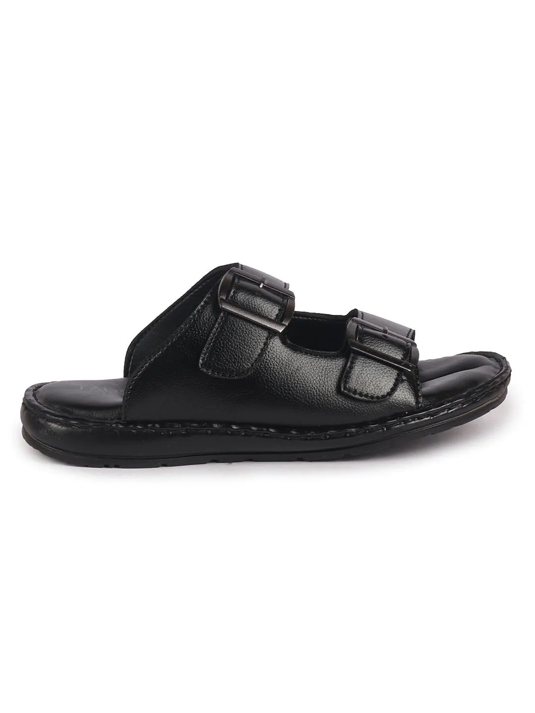 Pump Sandals Men Black Open Toe Broad Feet Double Adjustable Strap Ethnic Kurta Slip On Sandals|Anti-Skid Sole Slippers|Memory Cushion Insole