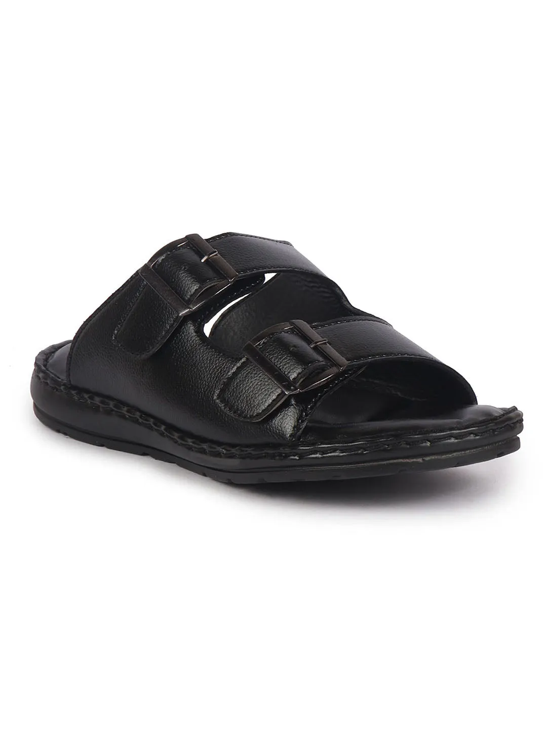 Men Black Open Toe Broad Feet Double Adjustable Strap Ethnic Kurta Slip On Sandals|Anti-Skid Sole Slippers|Memory Cushion Insole Sandals With The Best Support