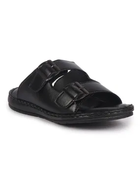 Men Black Open Toe Broad Feet Double Adjustable Strap Ethnic Kurta Slip On Sandals|Anti-Skid Sole Slippers|Memory Cushion Insole Wide Width Platform Sandals
