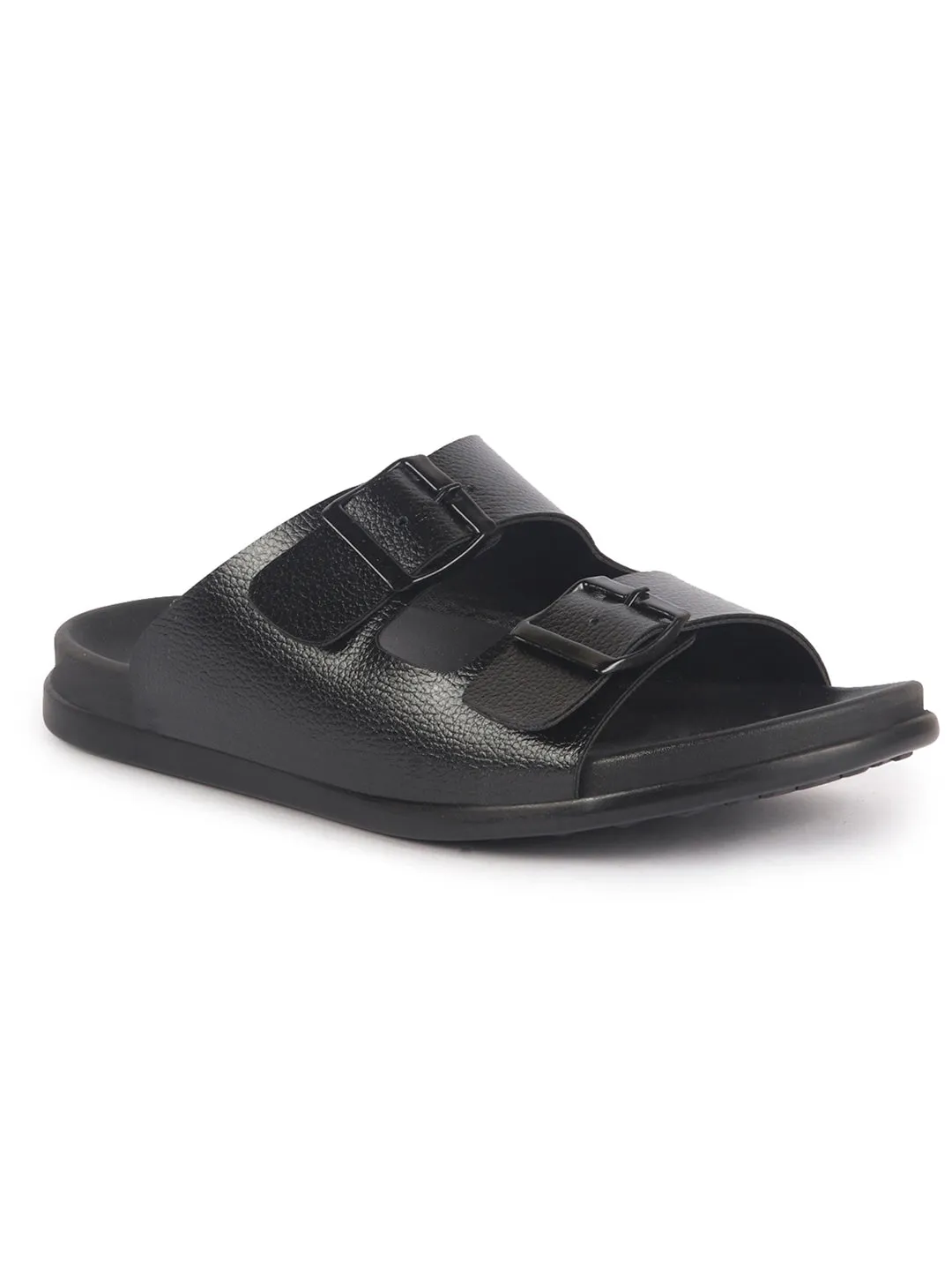 Men Black Open Toe Multi Adjustable Strap Ethnic Kurta Slip On Sandals|Anti-Skid Sole Slippers|Memory Cushion Insole Dunnet Flower Full Grain Leather Sandals