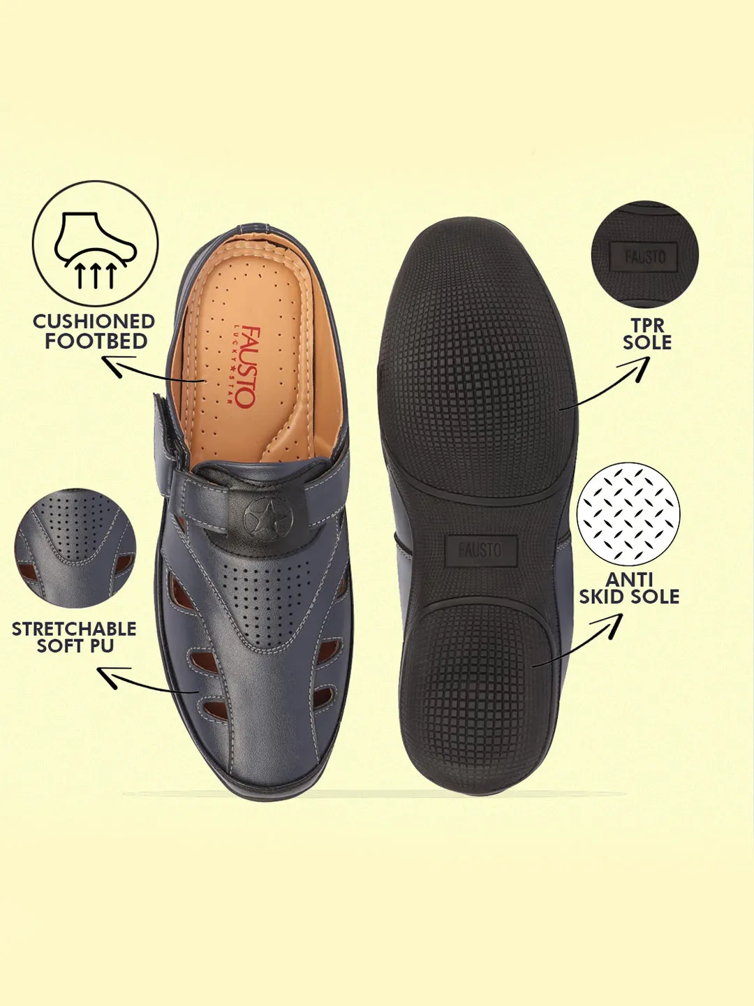 Men Blue Back Open Laser Cut Design Slip On Sandal with Ankle Strap Water Sandals For Hiking