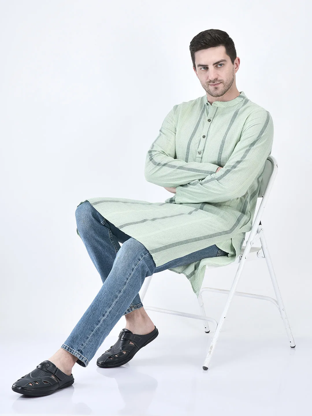 Men Blue Back Open Laser Cut Design Slip On Sandal with Ankle Strap Block Heel Strap Sandals