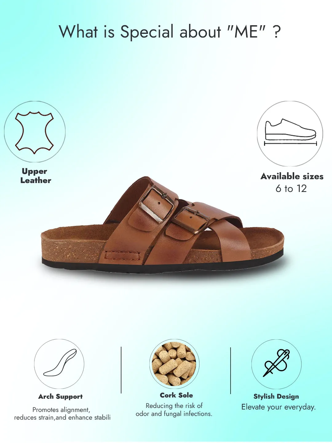 Sandals Support Men Tan Genuine Leather Open Toe Multi Adjustable Strap Ethnic Kurta Slip On Sandals|Anti-Skid Sole Slippers|Cork Latex Suede Footbed