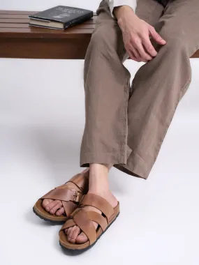 Men Tan Genuine Leather Open Toe Multi Adjustable Strap Ethnic Kurta Slip On Sandals|Anti-Skid Sole Slippers|Cork Latex Suede Footbed Wedge Comfortable Sandals
