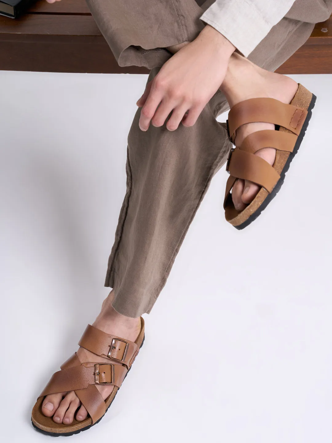 Men Tan Genuine Leather Open Toe Multi Adjustable Strap Ethnic Kurta Slip On Sandals|Anti-Skid Sole Slippers|Cork Latex Suede Footbed Cheap Sandals