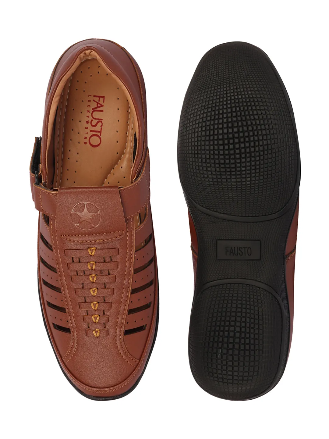 Mexican Sandals Men Tan Laser Cut and Stitched Design Roman Sandal with Buckle Strap