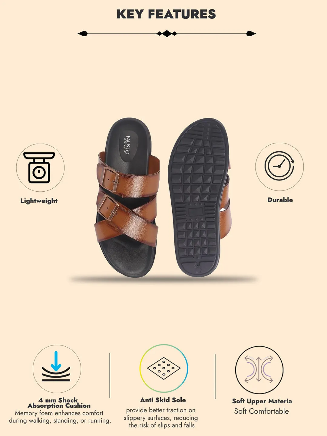 Sandals For Fallen Arches Men Tan Open Toe Multi Adjustable Strap Ethnic Slip On Sandals|Anti-Skid Sole Slippers|Memory Cushion Insole