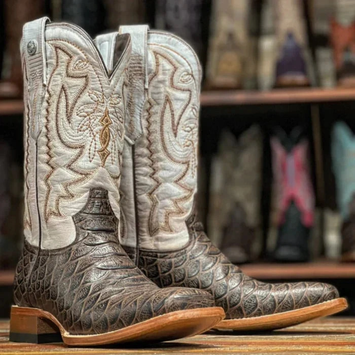 Men's Beau Python Print Square Toe Boots Brown Wide Work Boots