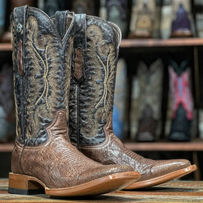 Men's Bexar Genuine Smooth Ostrich Square Toe Boots Black Rhinestone Knee High Boots