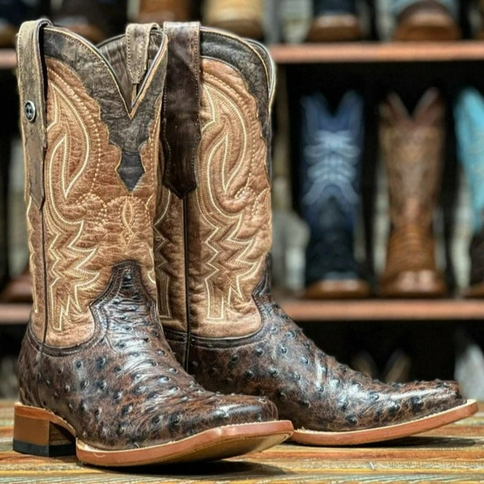Men's Big Cabin Print Ostrich Square Toe Boots Chocolate Phantom Rider Boots