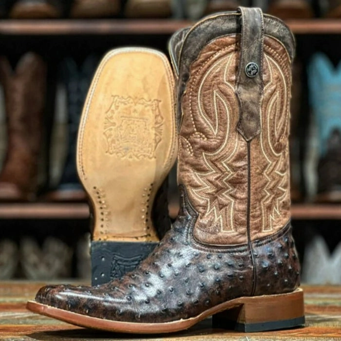 Moc Boots Men's Big Cabin Print Ostrich Square Toe Boots Chocolate