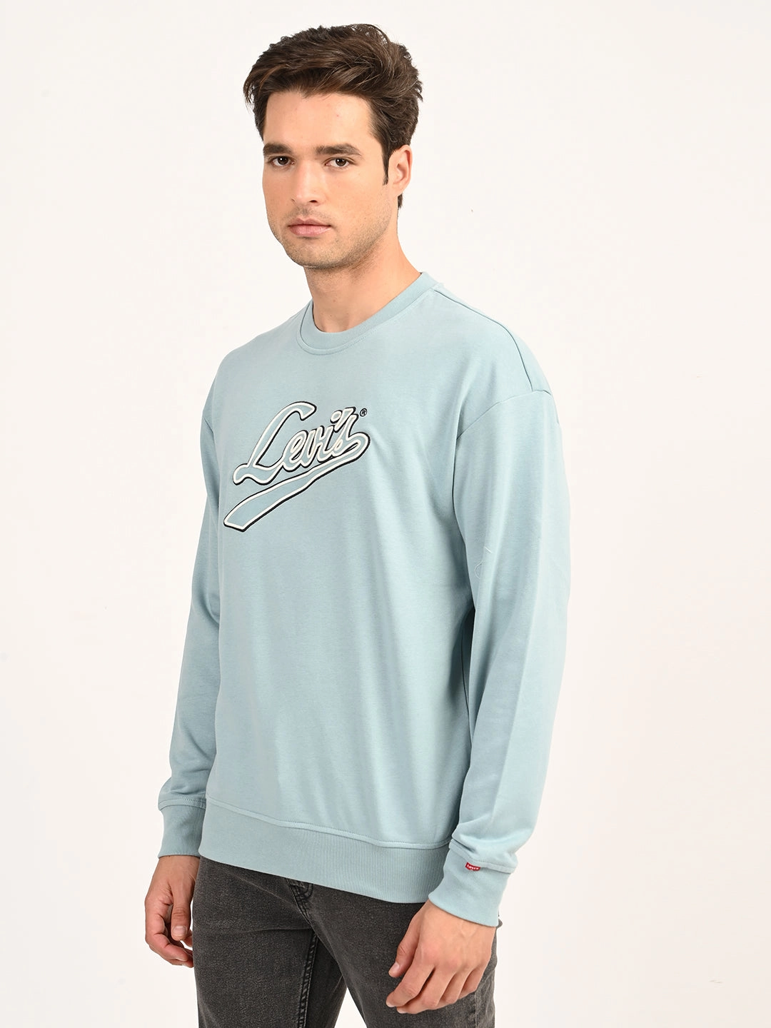 Men's Brand Logo Light Blue Crew Neck Sweatshirt Loose Fitting Sweatshirts