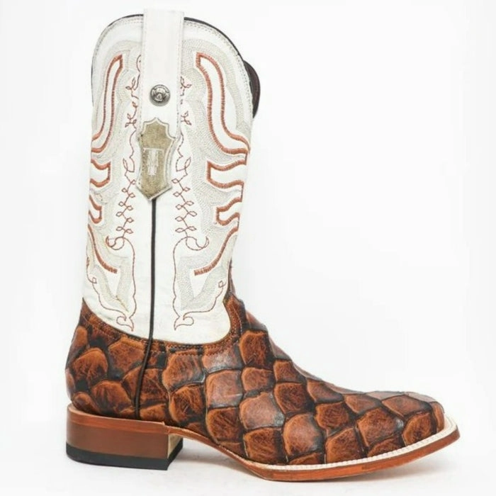 Boots With Sparkles Men's Dillon Print Monster Fish Square Toe Boots Cognac