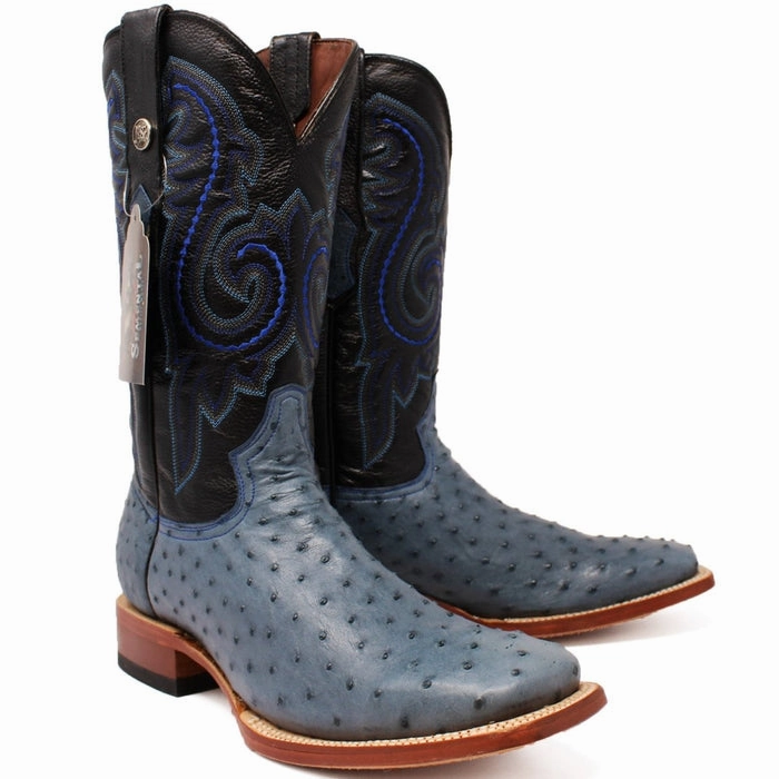 Steel Shank Boots Men's Genuine Full Quill Ostrich Square Toe Boots Blue Jean