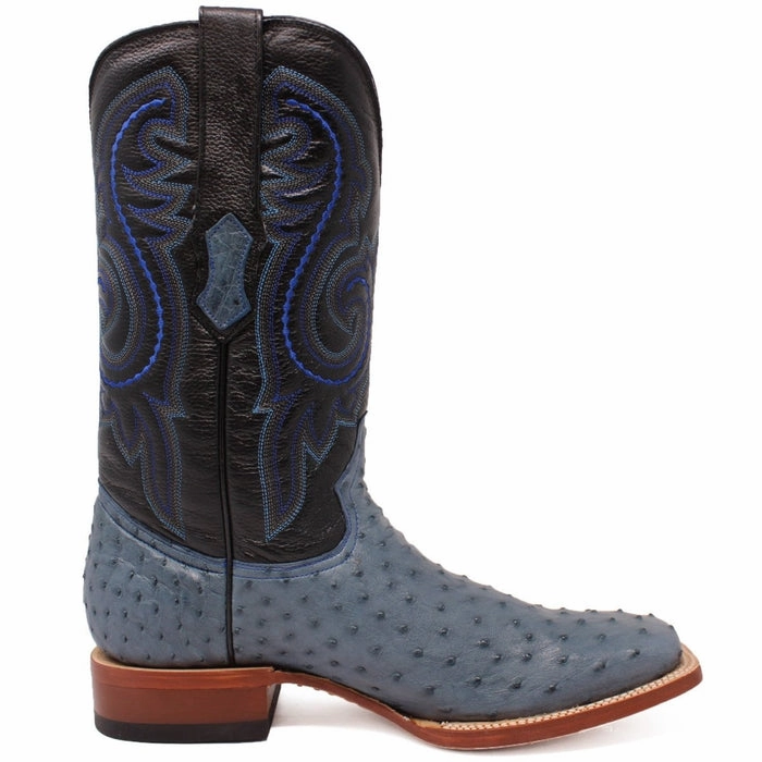 Skis And Boots Men's Genuine Full Quill Ostrich Square Toe Boots Blue Jean