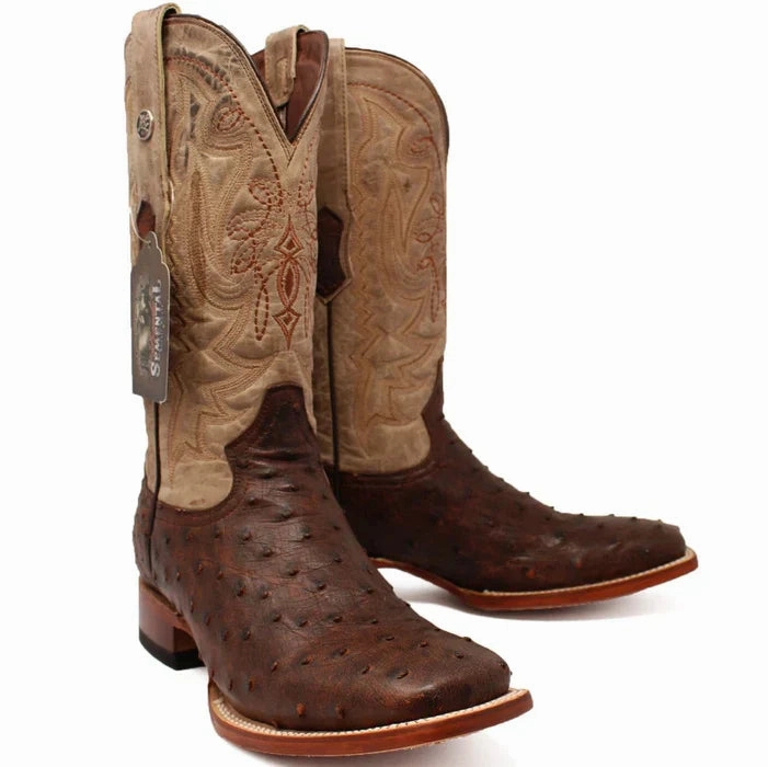 Boots Wedge Heel Men's Genuine Full Quill Ostrich Square Toe Boots Cherry Wood