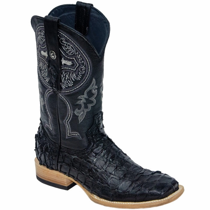 Men's Genuine Monster Fish Leather Square Toe Boots Black Cowboy Leather Boots