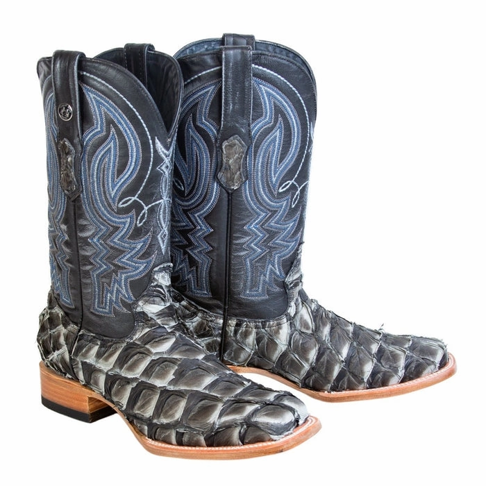 Men In Cowboy Boots Men's Genuine Monster Fish Square Toe Boots Blue
